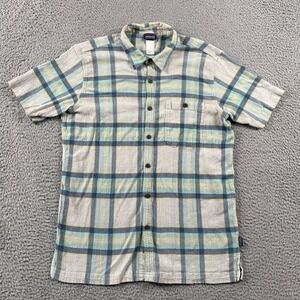 Patagonia Button Down Mens L Blue Plaid Organic Cotton Short Sleeve Seersucker
